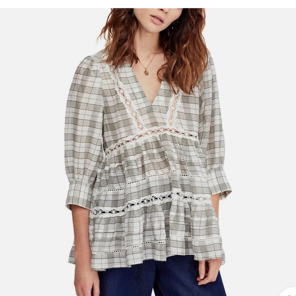 Free People Gray and White Puff Sleeve Blouse